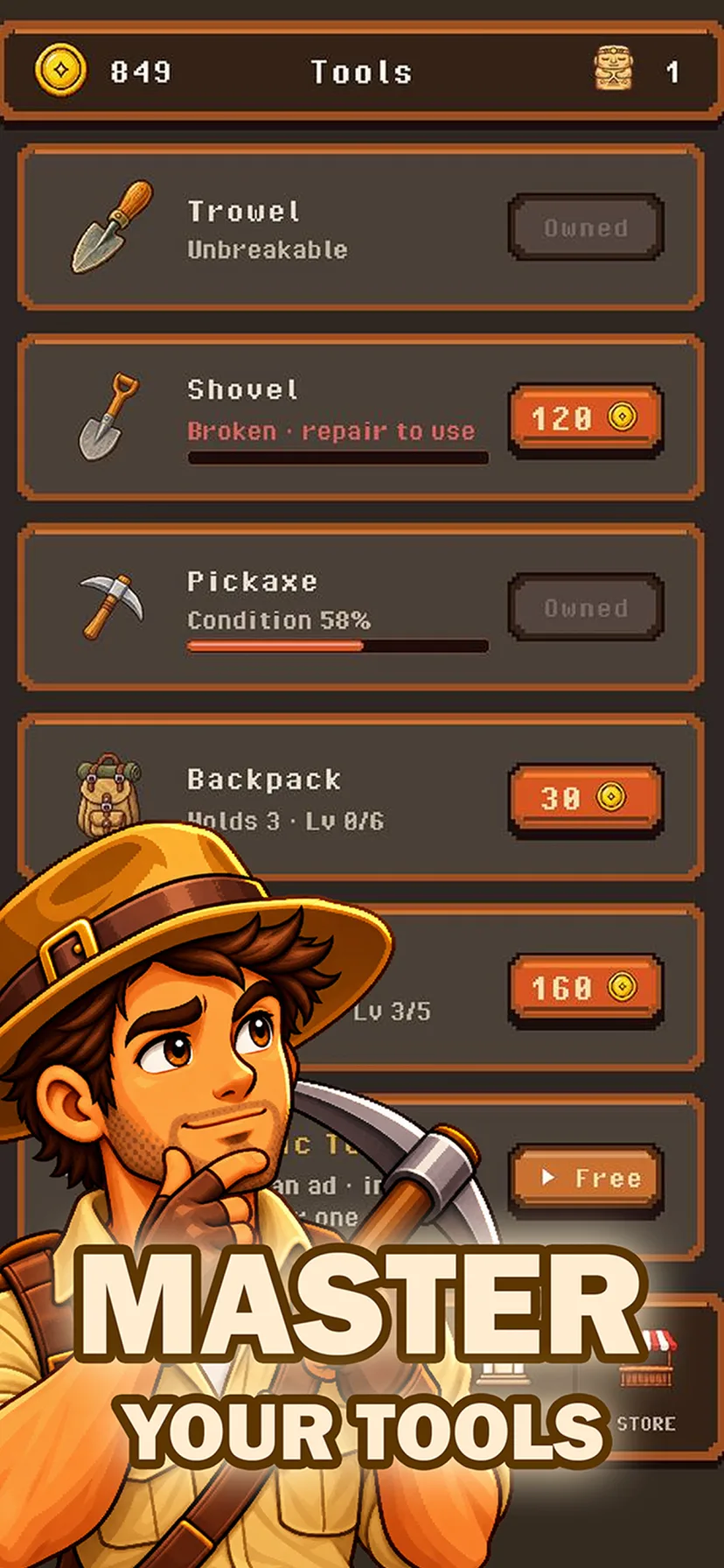Upgrading tools — trowel, shovel, pickaxe, backpack