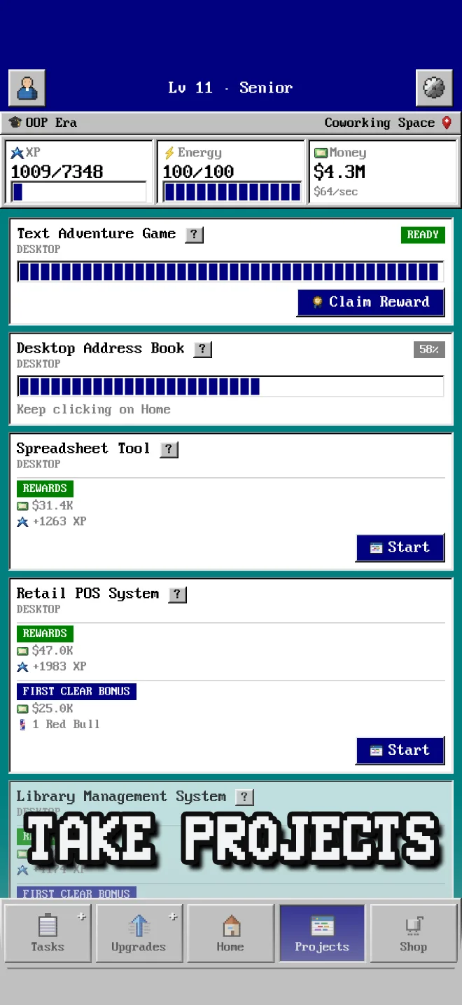 WinCode 98 projects screen — click-driven jobs with rewards and first-clear bonuses